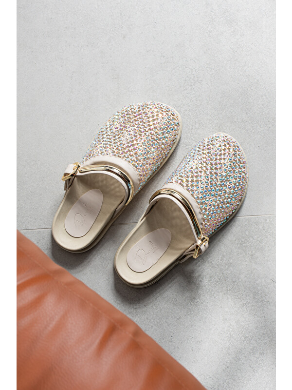 DUXAL SHOES Evelyn şıl Işıl Kristal Taşlı Lüks Kadın Terlik Metal Tokalı Detaylı Özel Tasarım
