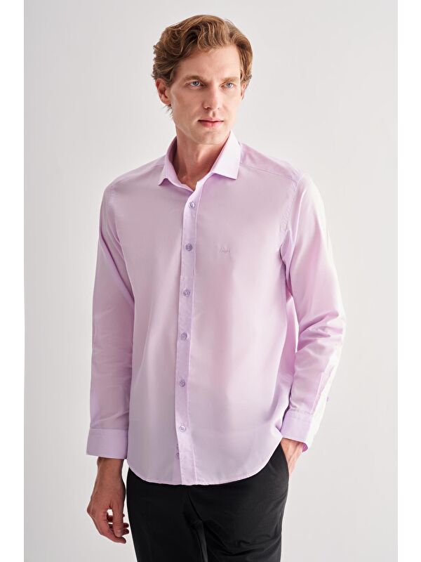 İMZA Lila Yarım İtalyan Yaka Uzun Kol Slim Fit Pamuklu Gömlek 1004255180