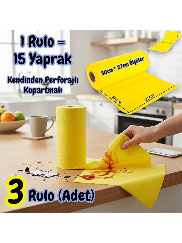 Technow Softtex 15 Kesimli Sarı Kopar Kullan Rulo Temizlik Bezi 27x30 Cm 3'lü