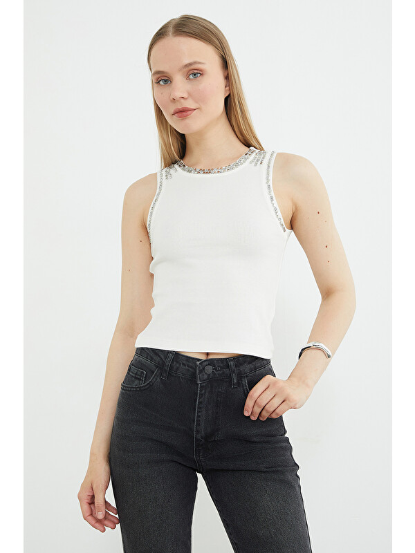 Fullamoda Taşlı Fitilli Bisiklet Yaka Slim Fit Bluz