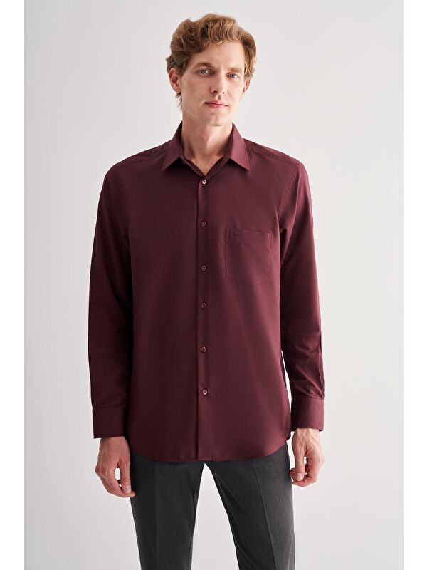İMZA Bordo Sert Yaka Uzun Kol Easy To Iron Comfort Fit Pamuklu Gömlek 1004255182