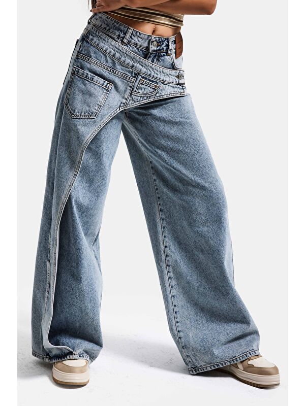 It's Basic Kadın T.Kot Rengi Palazzo Fit Çift Kemer Detaylı Özel Tasarım Denim Jean