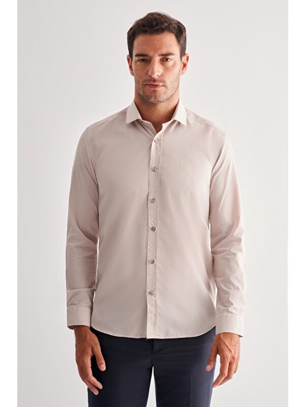 İMZA Koyu Bej Yarım İtalyan Yaka Uzun Kol Slim Fit Pamuklu Gömlek 1004255180