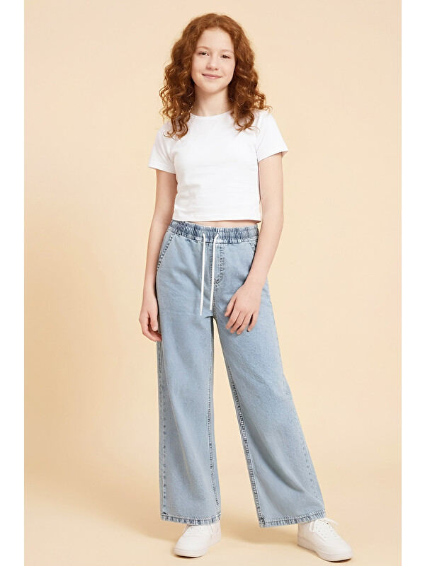 Modanino Kız Çocuk Beli Lastikli ve Kordonlu Geniş Kesim Jean Pantolon 7-15 Yaş 12679SK