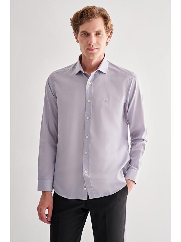 İMZA Gri Yarım İtalyan Yaka Uzun Kol Slim Fit Pamuklu Gömlek 1004255180