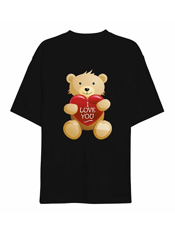 Jane's Sevgililer Günü İçin Özel Tasarım I Love You Ayı Baskılı T-shirt - Siyah