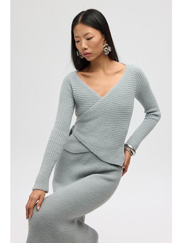 Mai Collection Fluff Bağlamalı Gri Üst-Etek Takım