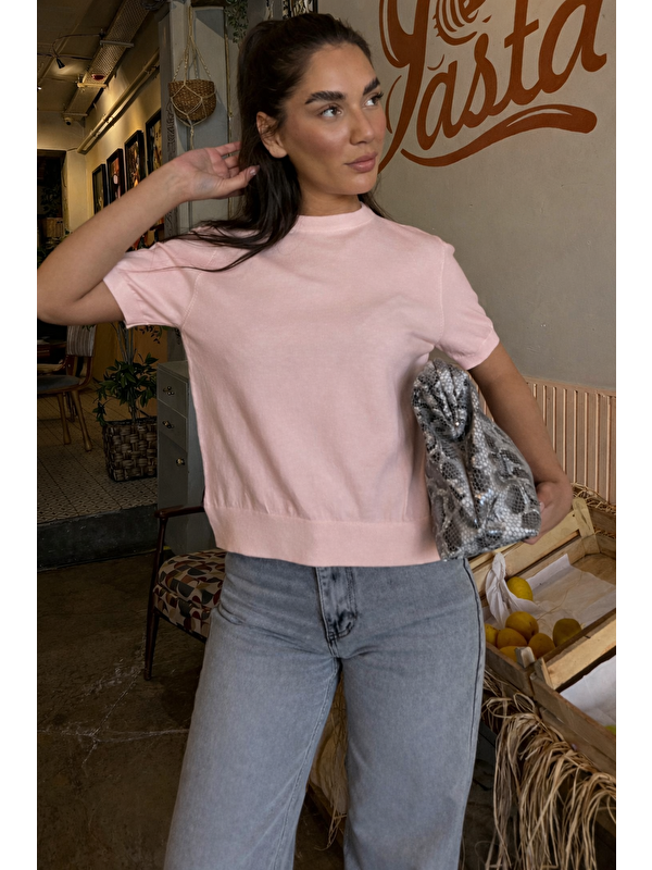 Madmext Pembe Bisiklet Yaka Kadın Triko Tişört Mg2703