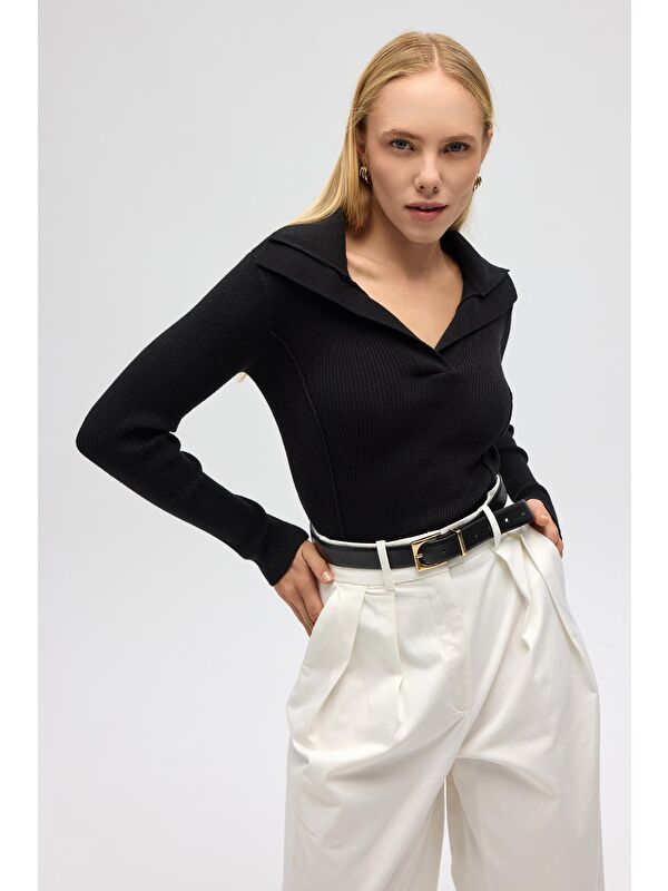 Mai Collection İnari Polo Yaka Siyah Triko Kazak