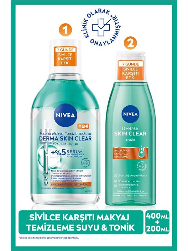 NIVEA Derma Skin Clear Sivilce Karşıtı Tonik 200ml ve Micellar Makyaj Temizleme Suyu 400ml, Niasinamid, PH