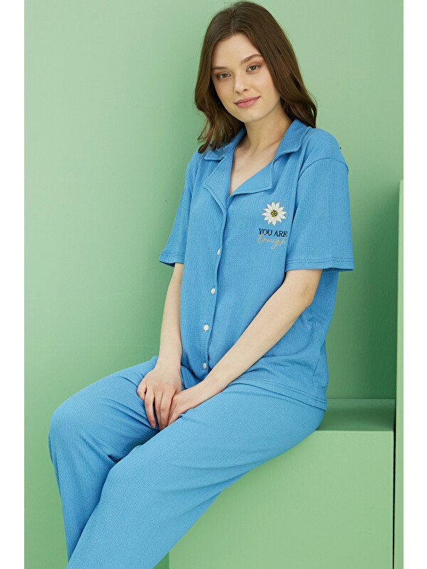 Siyah İnci mavi Bürümcük Krınkıl Kumaş Örme Düğmeli Pijama Takım25118566