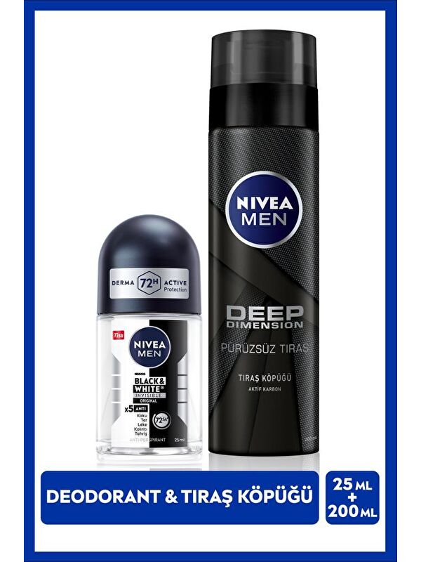 NIVEA MEN Erkek Tıraş Köpüğü Deep Dimension 200ml ve Mini Roll-on Deodorant Black&White Original 25ml