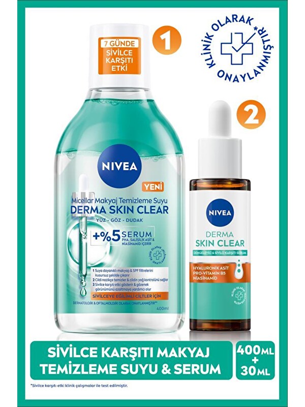 NIVEA Derma Skin Clear Sivilce Karşıtı Cilt Serumu 30ml ve Micellar Makyaj Temizleme Suyu 400ml,Niasinamid
