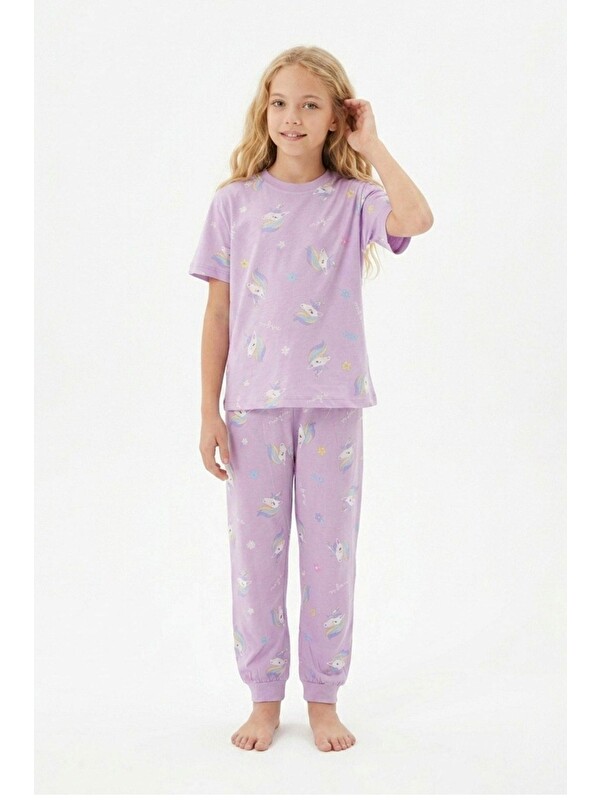ZUZUNGA Desenli Kısa Kollu %100 Pamuk Kız Çocuğu Pijama Takımı