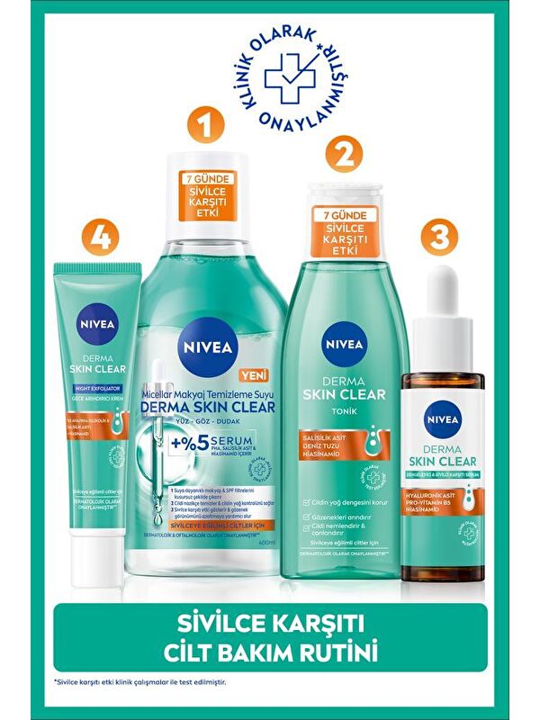 NIVEA Derma Skin Clear Sivilce Karşıtı Serum 30ml, Makyaj Temizleme Suyu 400ml, Tonik 200ml ve Gece Kremi