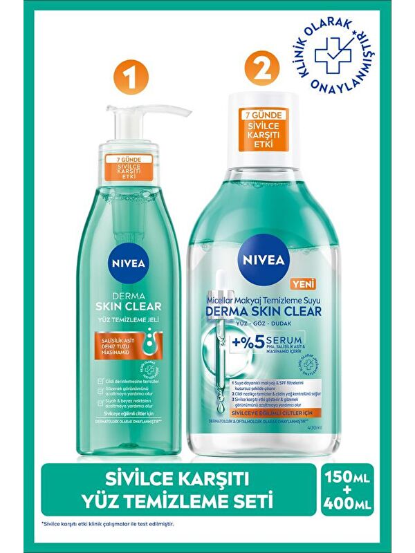 NIVEA Derma Skin Clear Sivilce Karşıtı Yüz Temizleme Jeli 150ml ve Micellar Makyaj Temizleme Suyu 400ml