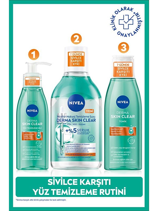 NIVEA Derma Skin Clear Sivilce Karşıtı Yüz Temizleme Jeli 150ml, Makyaj Temizleme Suyu 400ml ve Tonik200ml