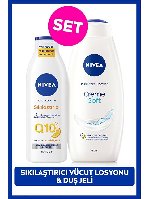 NIVEA Creme Soft Kremsi Dokunuş Duş Jeli 750ml ve Q10 Sıkılaştırıcı Nemlendrici Vücut Bakım Losyonu 250ml