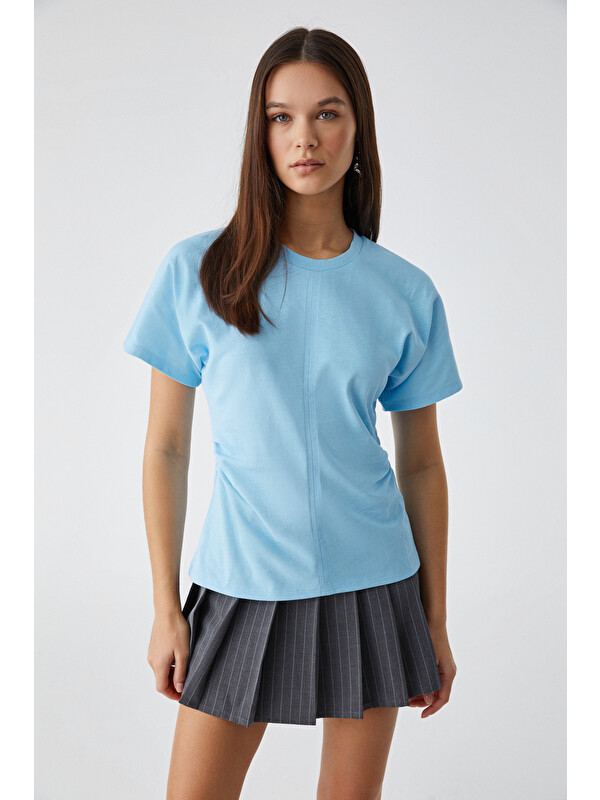 ETHIQUET NEXUS Kadın Regular Bisiklet Yaka Büzgü MAVİ T-Shirt