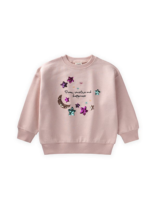 CİGİT Pullu Ay Yıldız Nakışlı Sweatshirt 2-8 Yaş Pudra Pembe