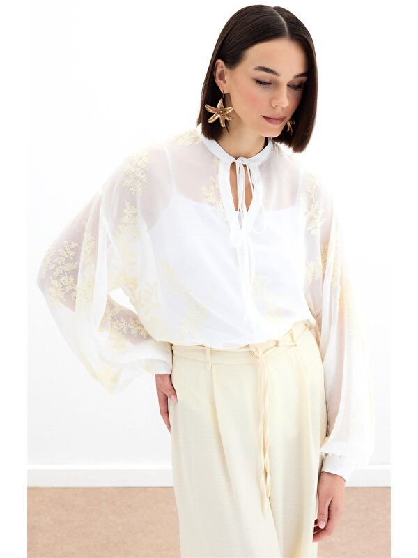 SATEEN Nakışlı Şifon Gömlek - Krem