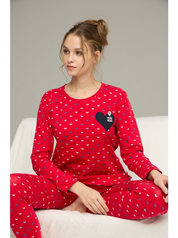 Siyah İnci Kırmızı Kalp Desenli Pamuklu Bisiklet Yaka Örme Pijama Takım25241153