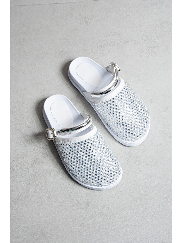 DUXAL SHOES Evelyn şıl Işıl Kristal Taşlı Lüks Kadın Terlik Metal Tokalı Detaylı Özel Tasarım
