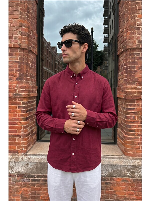 Livio Ferri Kora Premium %100 Pamuk Keten Oversize Erkek Düğmeli Yaka Gömlek
