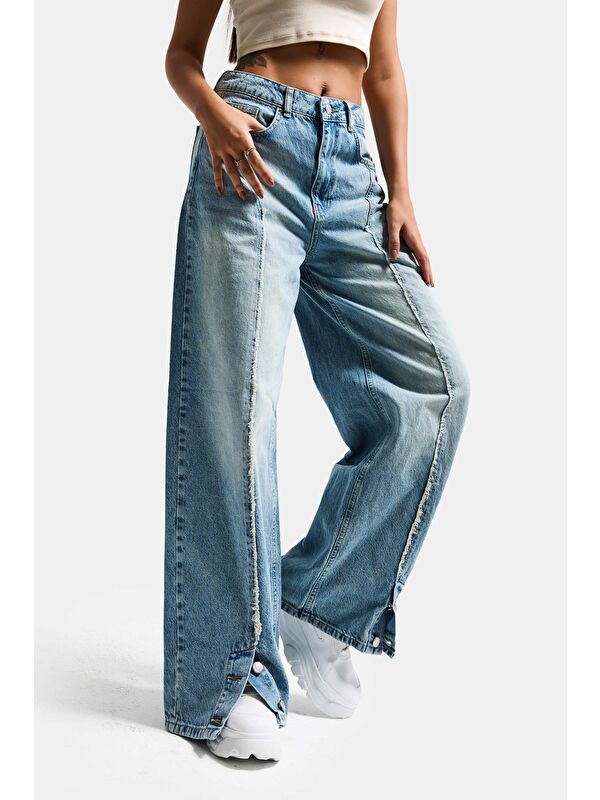 It's Basic Kadın Jean Rengi 4s6-32 Süper Baggy Fit Paça Detaylı Özel Tasarım Denim Jean