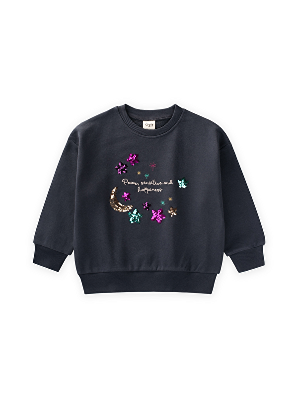 CİGİT Pullu Ay Yıldız Nakışlı Sweatshirt 2-8 Yaş Antrasit