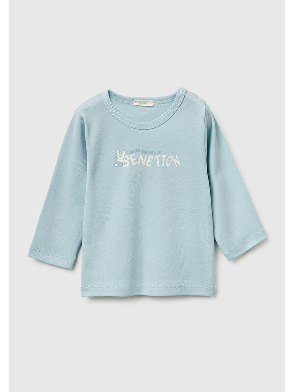 United Colors Of Benetton Bebek Buz Mavisi Su Bazlı Logo Baskılı Omzu Gizli Çıtçıtlı Uzun Kollu T-Shirt