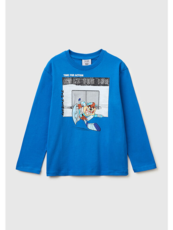 United Colors Of Benetton Erkek Çocuk Mavi Baskılı Bisiklet Yaka Uzun Kollu T-Shirt