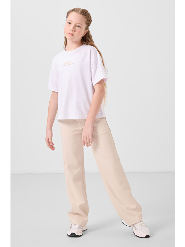 Tommylife Beyaz-Bej O Yaka Baskılı Geniş Paça Standart Fit Kız Çocuk Palazzo Eşofman Takım - 75171