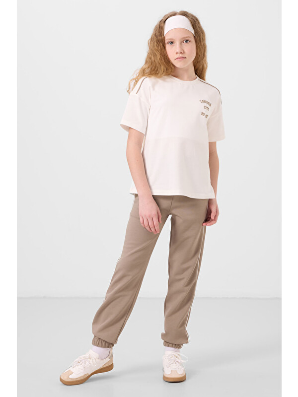 Tommylife Ekru-Koyu Bej O Yaka Baskılı Lastik Paçalı Standart Fit Kız Çocuk Eşofman Takım - 75186