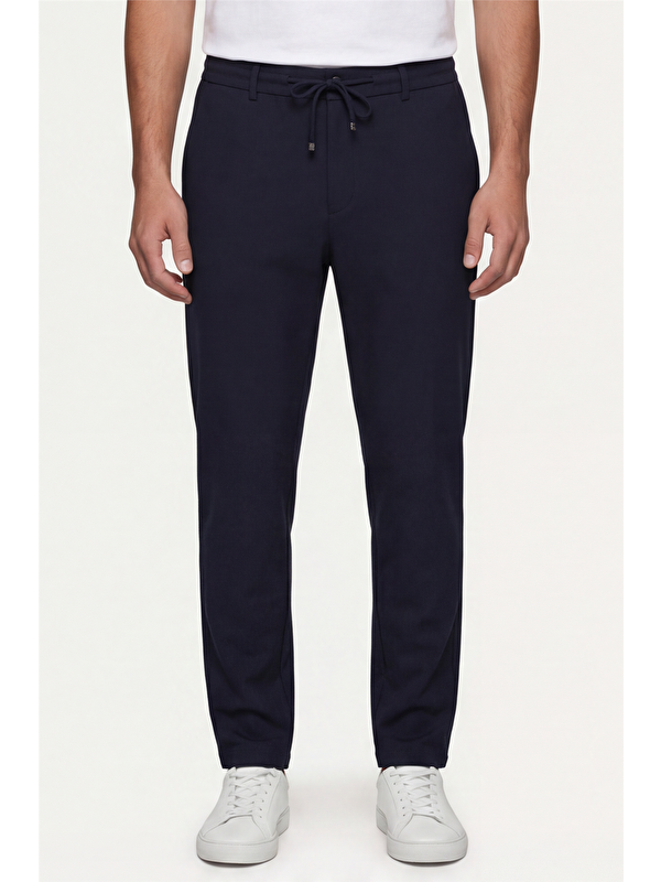 Sabri Özel Erkek Lacivert Normal Kesim Regular Fit Pamuklu Armürlü Bel Lastikli Jogger Pantolon
