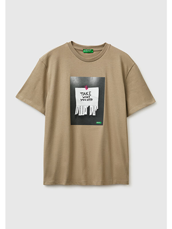 United Colors Of Benetton Erkek Haki  %100 Pamuk Regular Fit Grafik Baskılı T-Shirt