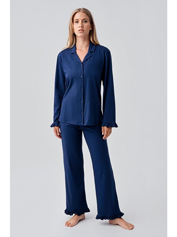 Artış Uzun Kollu Düğmeli Esnek Pamuklu Pijama Takım 18203