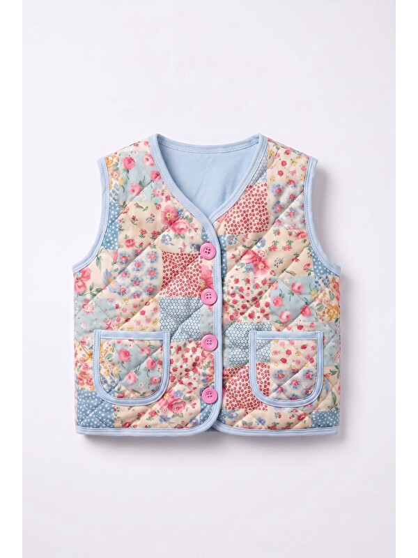 Magu Kız Çocuk Pamuklu Çiçekli Patchwork Desenli Kapitone Yelek