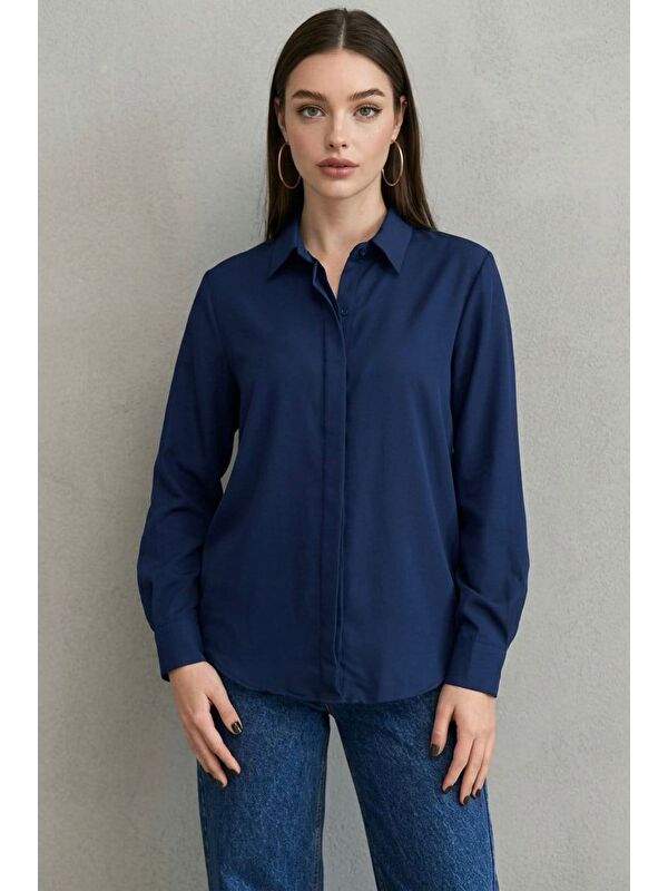 Madmext Lacivert Modern Kesim Kadın Gömlek Mg2674