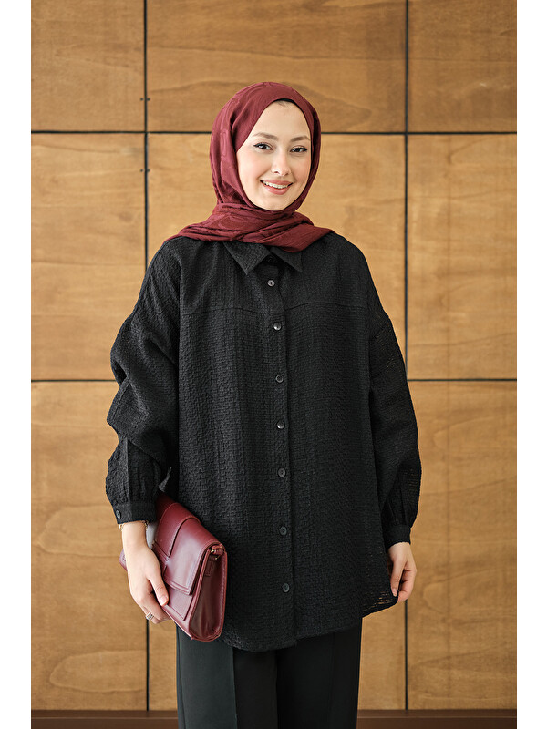 Locco Moda Kadın Kendinden Desenli Bel Bağlamalı Siyah