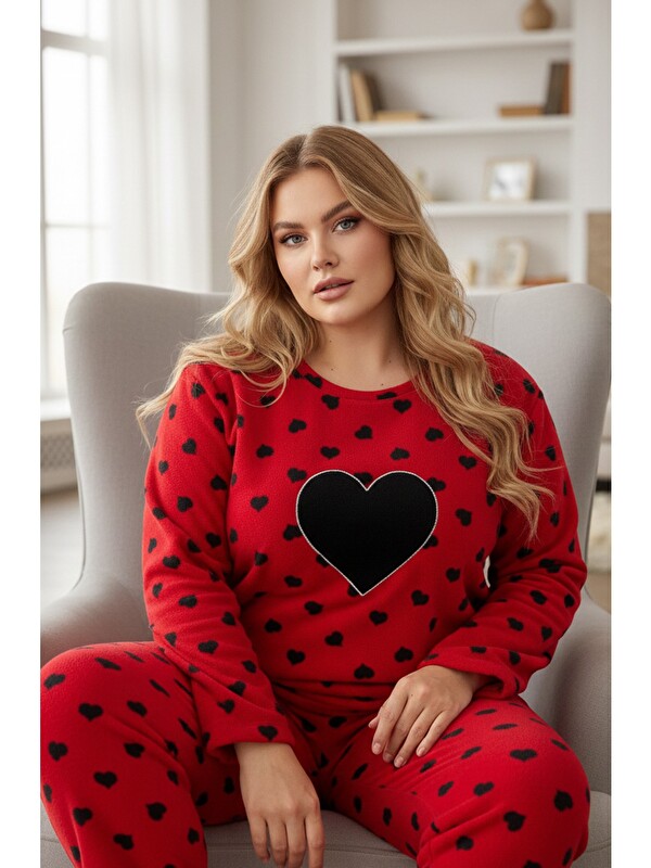 Siyah İnci Nakışlı Büyük Beden Polar Kışlık Örme Pijama Takım 25222557