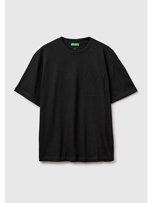 United Colors Of Benetton Erkek Siyah  %100 Pamuk Cepli Arkası Logo Nakışlı Bisiklet Yaka T-Shirt
