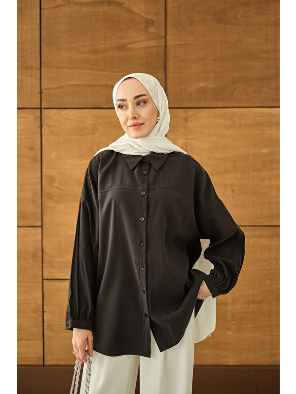 Locco Moda Kadın Biyeli Bel Bağlamalı Gömlek Siyah
