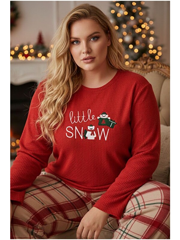 Siyah İnci Nakışlı Büyük Beden Polar Kışlık Örme Pijama Takım 25222579