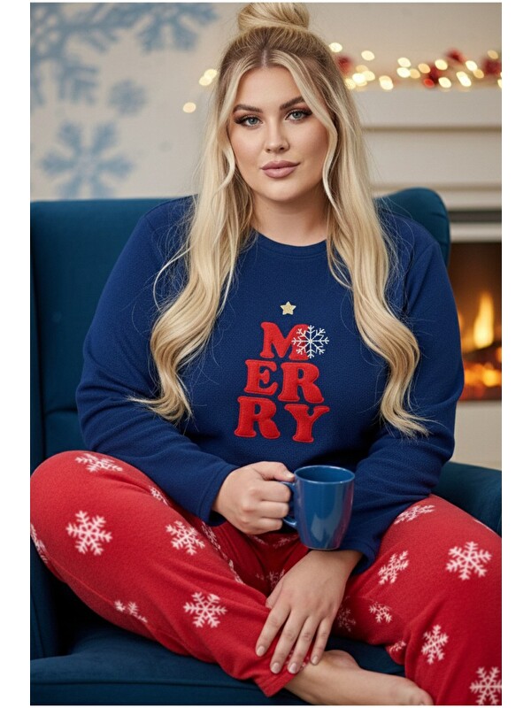 Siyah İnci Nakışlı Büyük Beden Polar Kışlık Örme Pijama Takım 25222580