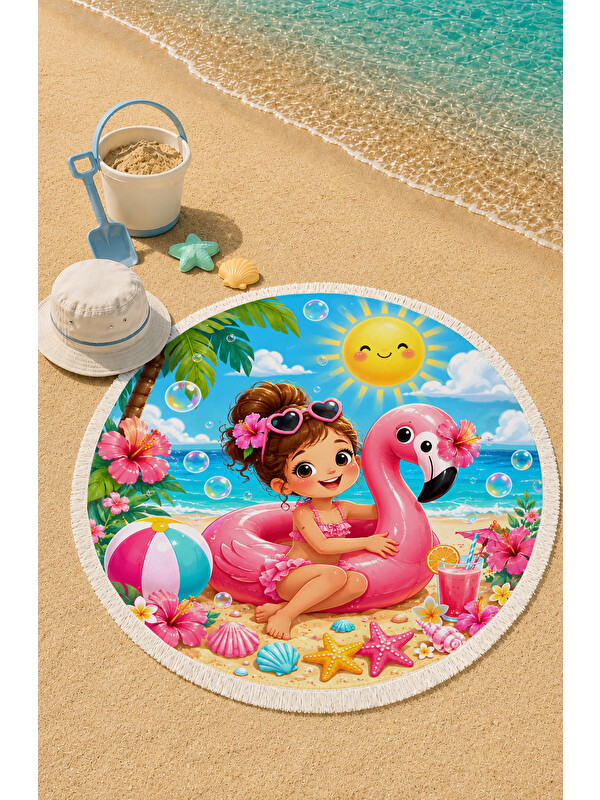 Milbay Grup Flamingo Tatili 150 Cm Yuvarlak Çocuk Plaj Havlusu Flamingo Temalı Pembe Yazlık Havlu
