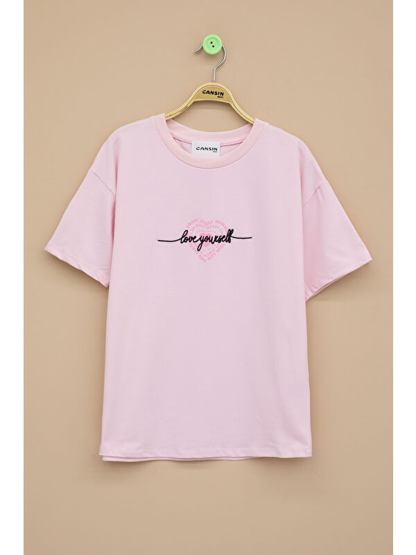Cansın Mini Pembe Sırtı Kalp Baskılı Yazılı Kız Çocuk Bisiklet Yaka Tişört 20972