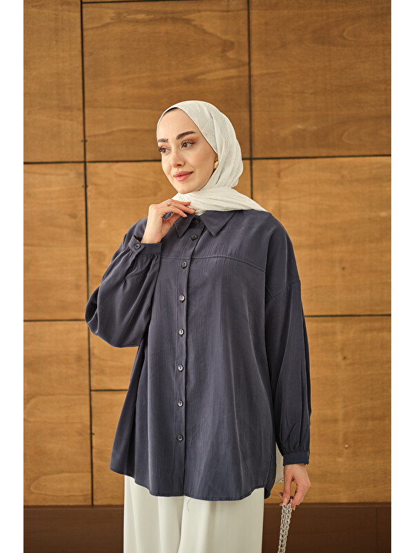 Locco Moda Kadın Biyeli Bel Bağlamalı Gömlek Lacivert
