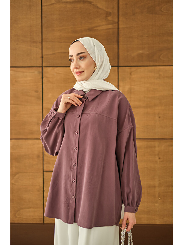 Locco Moda Kadın Biyeli Bel Bağlamalı Gömlek Mürdüm