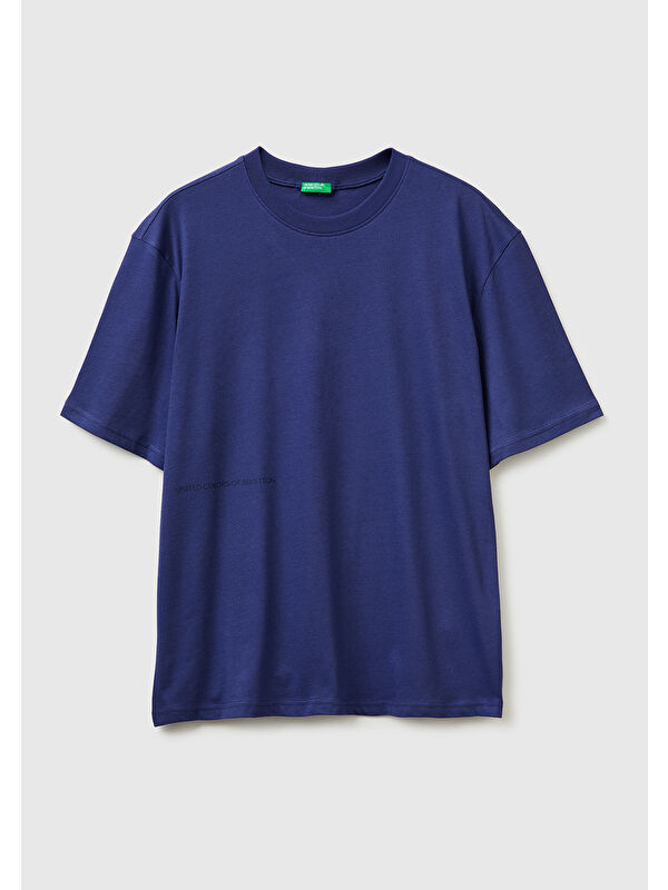 United Colors Of Benetton Erkek Koyu Mavi %100 Pamuk  Yazılı T-Shirt